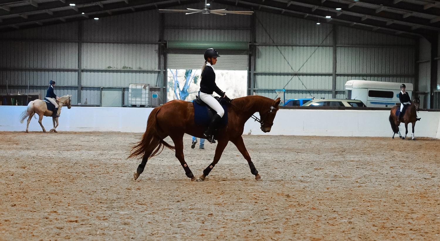 Students participating in the equestrian program, practicing riding in an indoor arena.